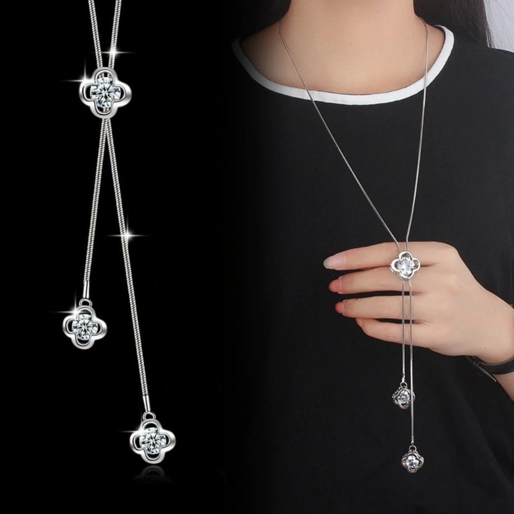 NEW 925 Sterling Silver Diamond Clover Necklace S